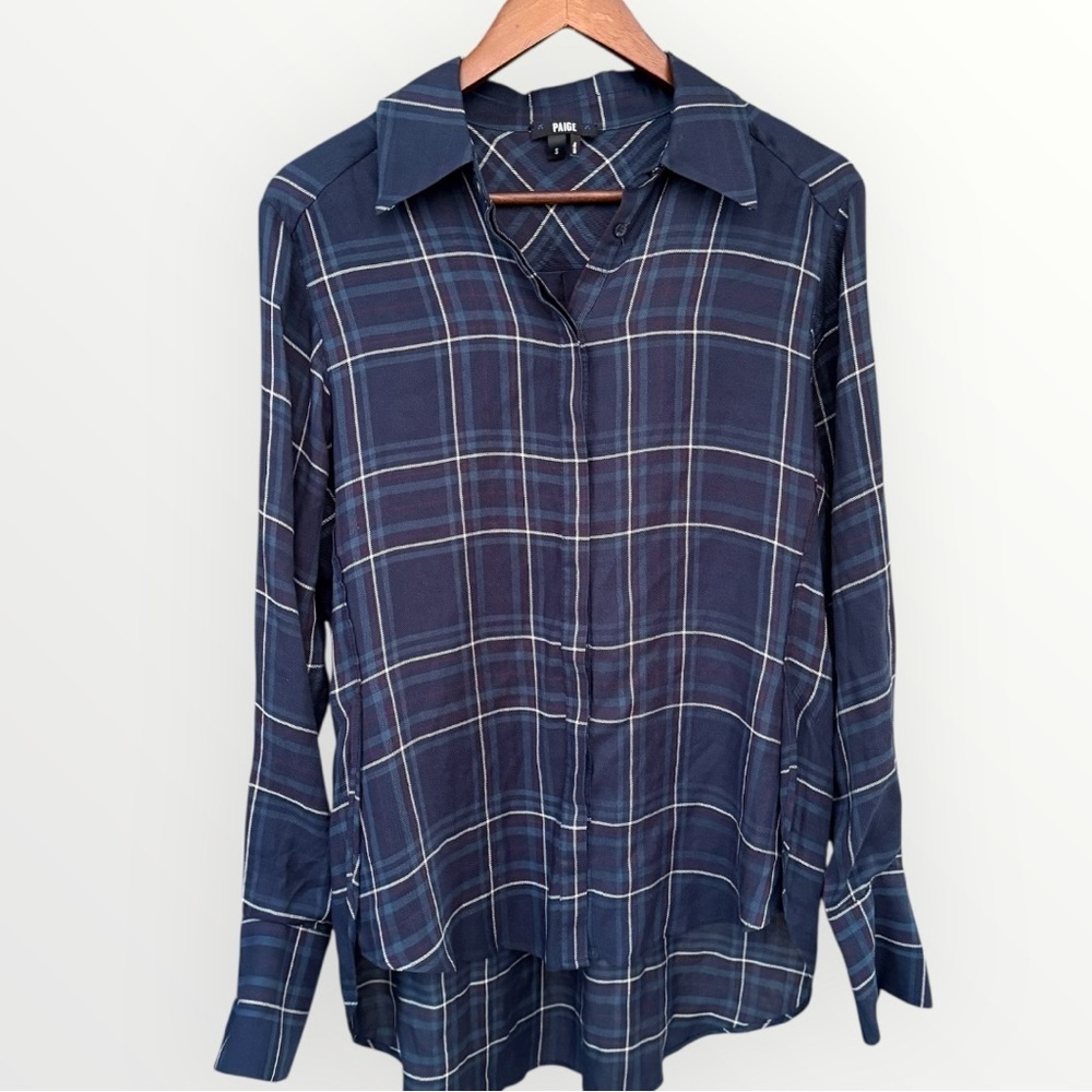 PAIGE Clemence Shirt in Dark Ink Blue & Foxglove Plaid Size Small Oversized